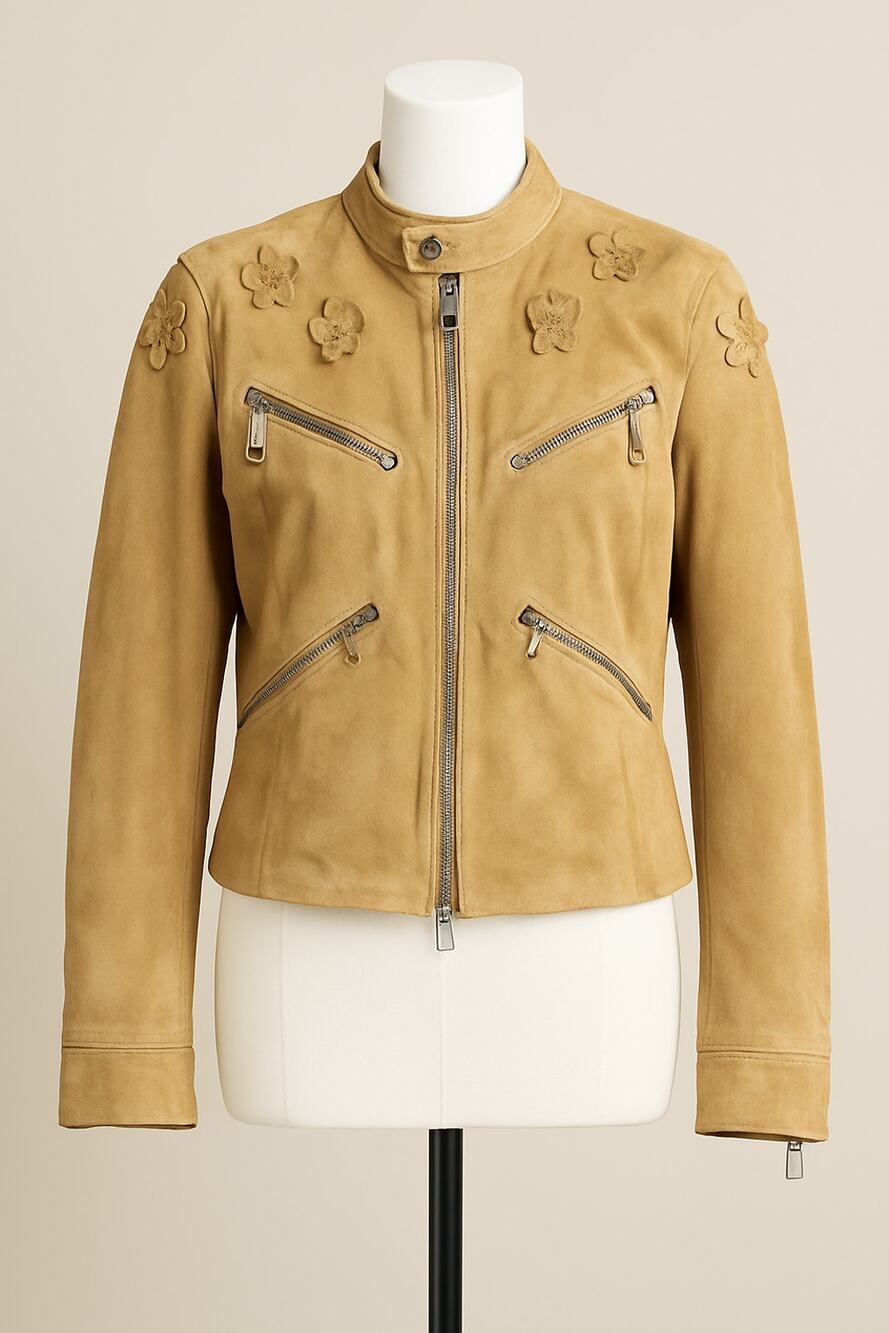 Authentic Vintage Blumarine leather biker jacket with flowers tan 8/10 Italy